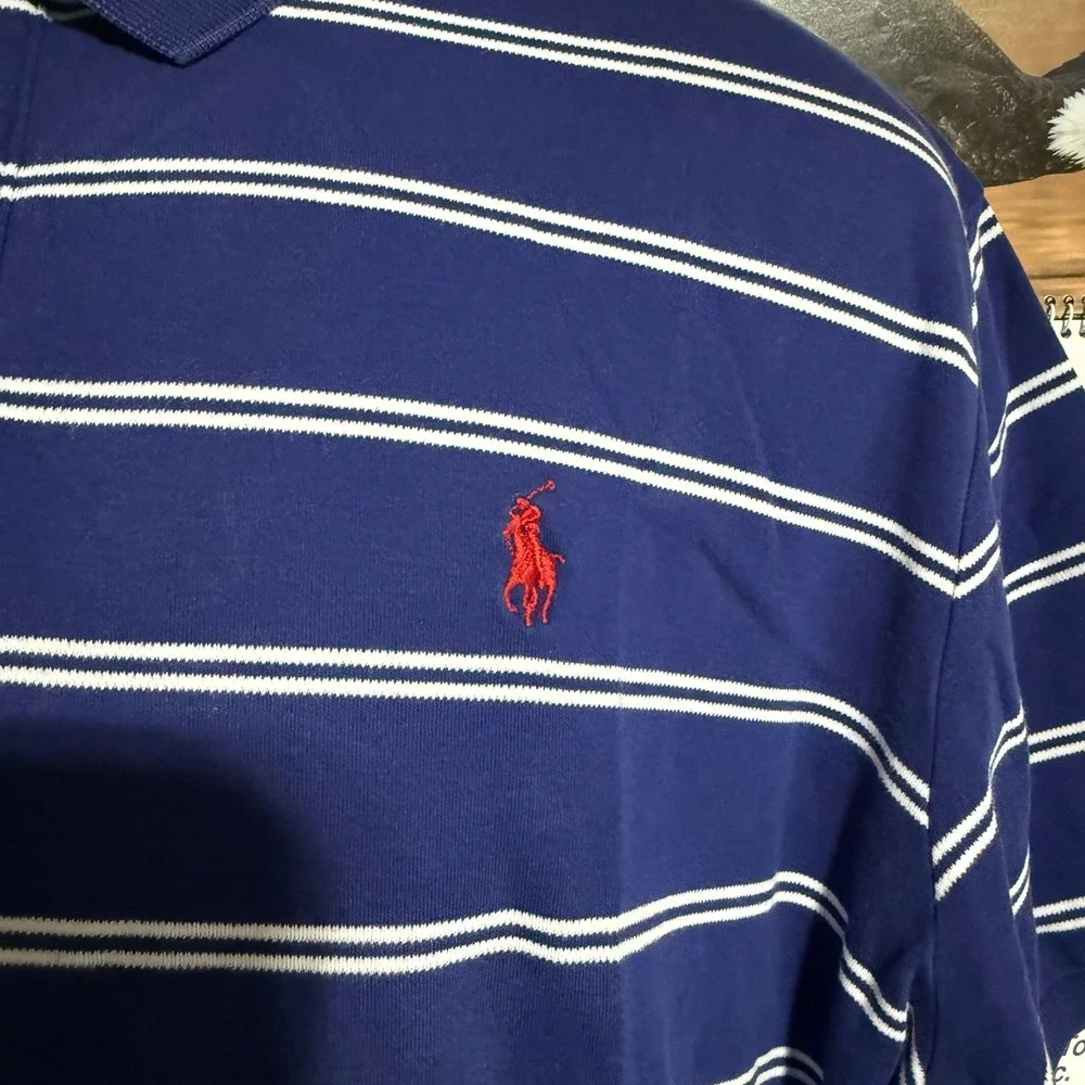 Polo Ralph Lauren Polo Shirt Mens XL Blue White Striped Short Sleeve Logo Vtg
